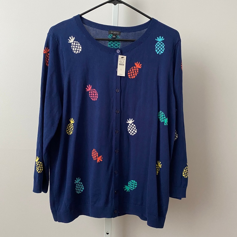 Talbots Cotton Tropical Quirky Pineapple Intarsia Button Cardigan Large Blue